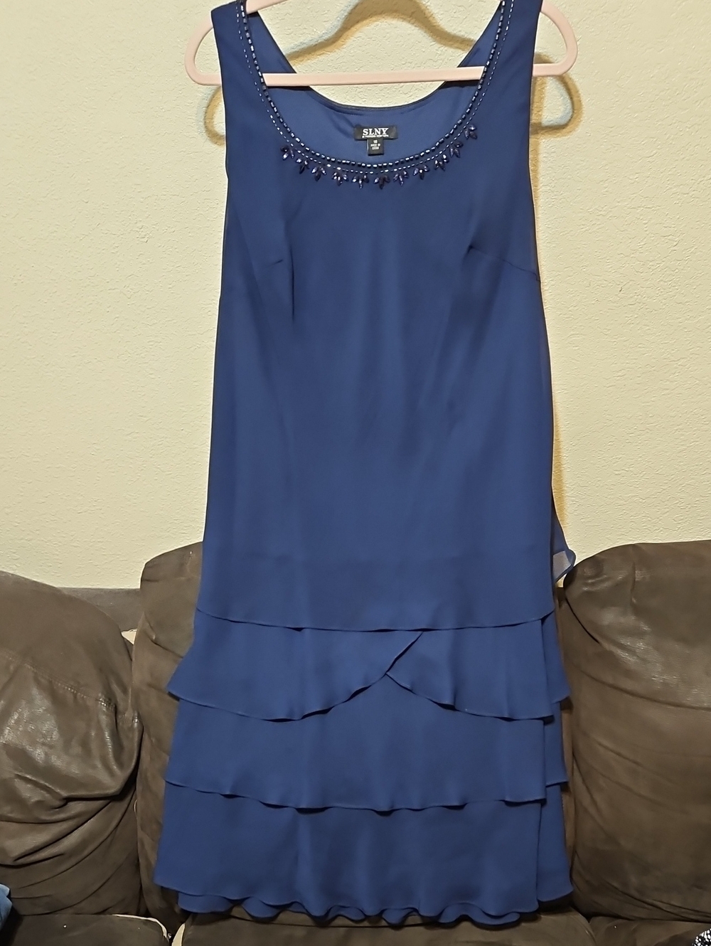 SLNY Navy Beaded Tiered Midi Dress
